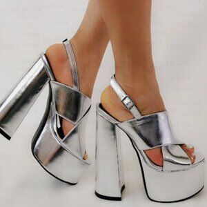 Women Platform Sandals Silver Thick High Heels Pumps Summer Ladies Shoes Woman